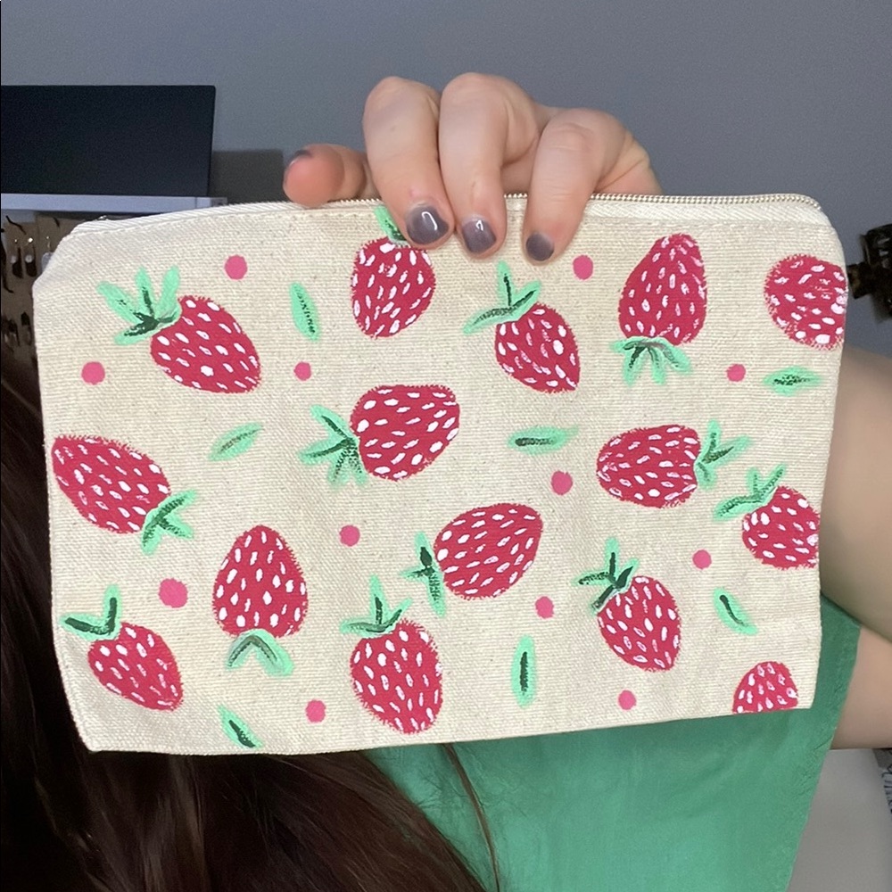 Hand painted Strawberry Print Canvas Pouch